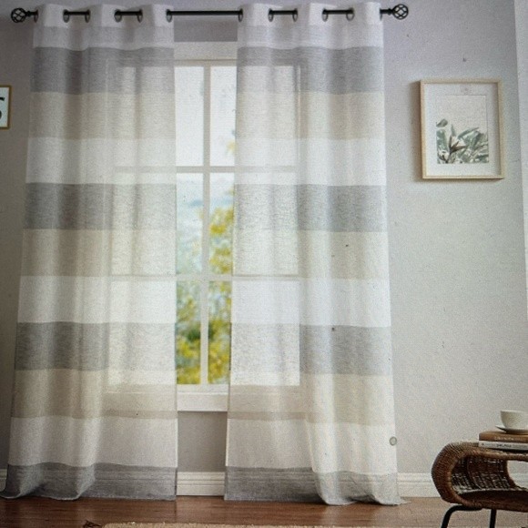 Bronzer Other - Elevate Your Space with Grey Tan Cream Stripe Sheer Window Curtains 58x …